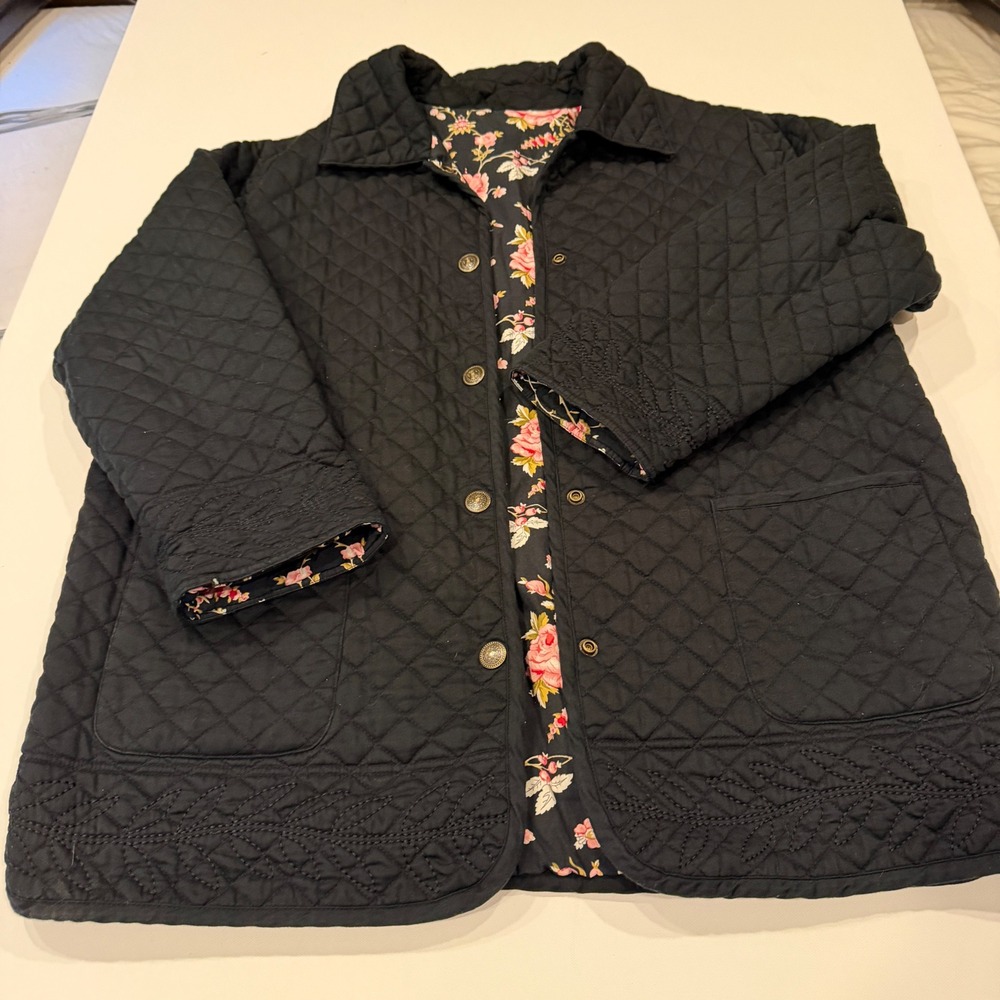 Denim & Co Reversible Quilted Jacket Floral Black Pink Cotton Coat Plus 1X
